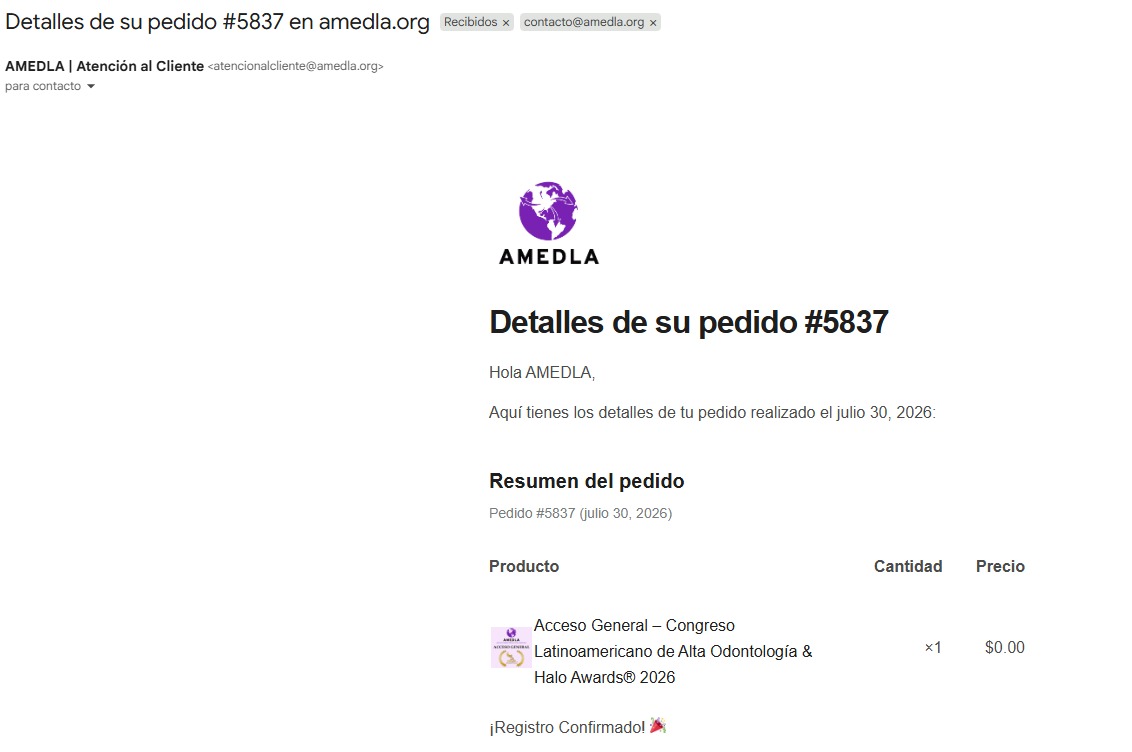 Vista del correo abierto de confirmación